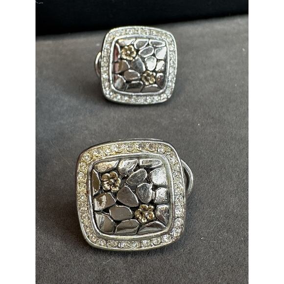 Rhodium Rhinestone Square Two tone cable pebble Flower Omega Clasp earrings - Picture 2 of 8